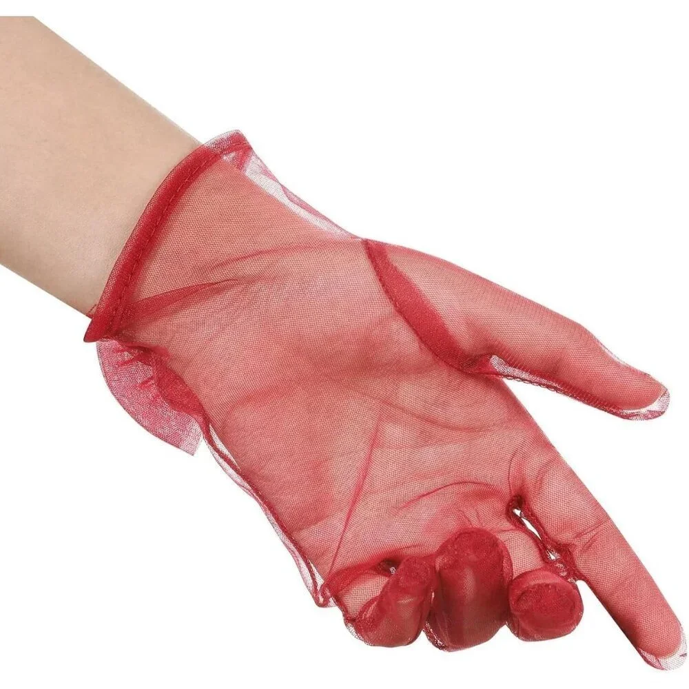 Women's Bow Burgundy Evening Tulle Short Length Gloves Wrist Tea Party Prom